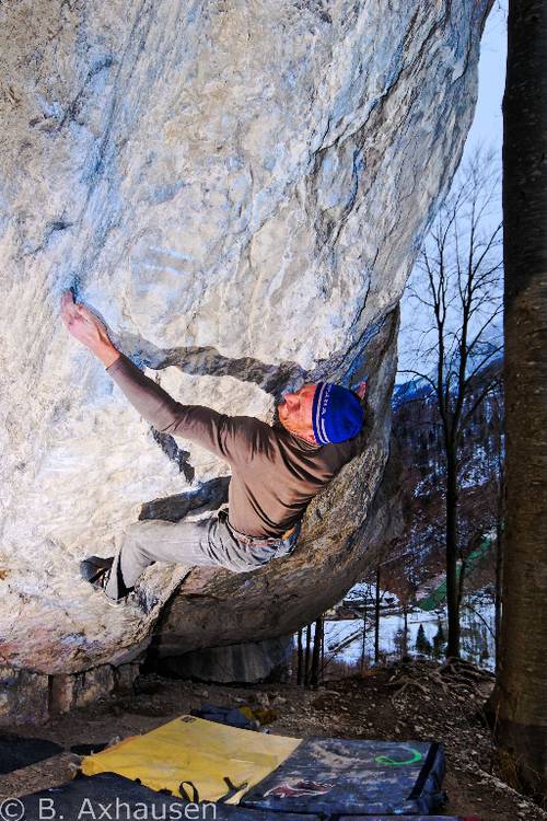Toni Lamprecht in his hardest boulder yet, Bokassa's Fridge / Assassin Monkey and Man - fb 8c+ in Kochel, Germany.