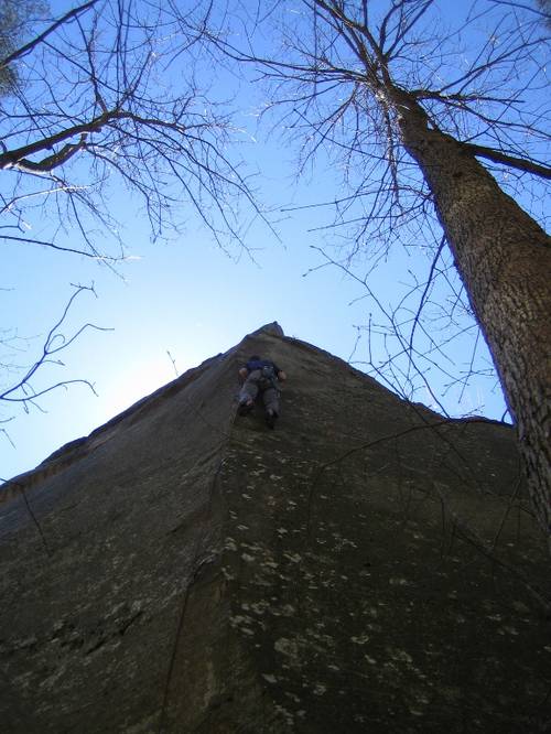 Rob Smith redpointing the blank arete of Voice 12d, Jackson Falls, IL.