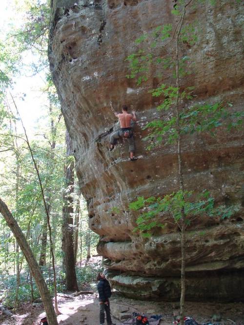 Rob Smith redpointing the amazing steep and blunt arete of Wrecking Ball 12c, Jackson Falls, IL.