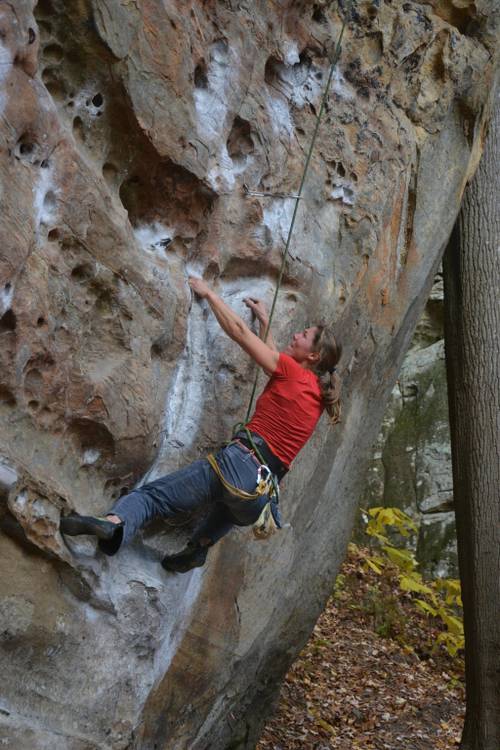 Imke just after take-off in Fuzzy Undercling 6c+, Red River Gorge